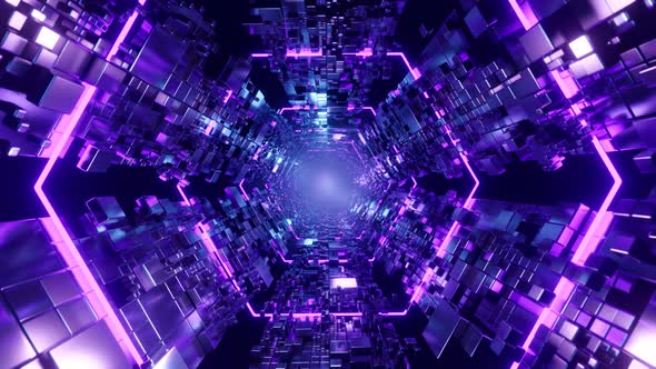 Seamless Loop Motion Graphic of Flying into Steel Hexagon Tunnel with Neon Lights