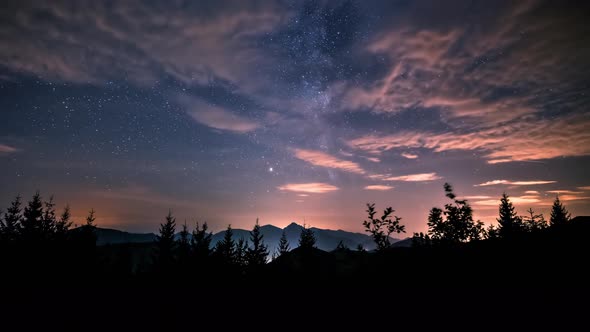 Astronomy Night Milky Way Galaxy Stars and Clouds Sky in Forest Mountain 