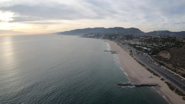 Pacific Coast Hwy Pacific Palisades Ca Aerial Flight Above Beach