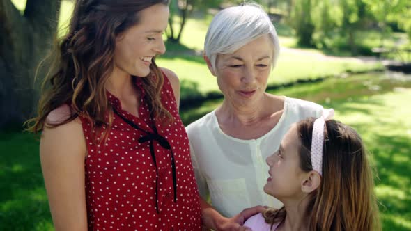 Multi-generation family standing in the park