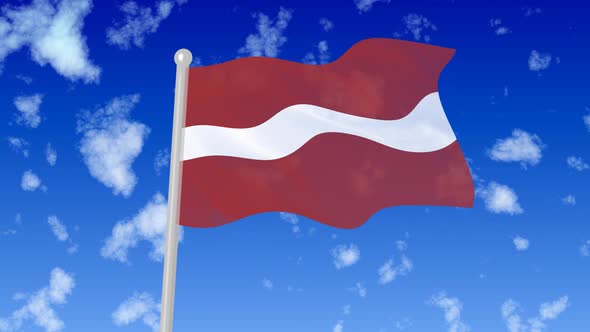 Latvia National Flag Flying Wave In The Sky With Clouds