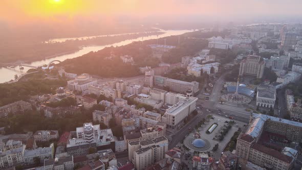 Kyiv Kiev Ukraine at Dawn in the Morning. Aerial View