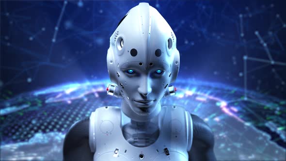 the face of a female robot. angry look digital background