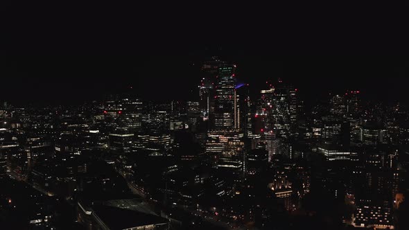 Aerial View to the Illuminated Skyline of London at Night UK