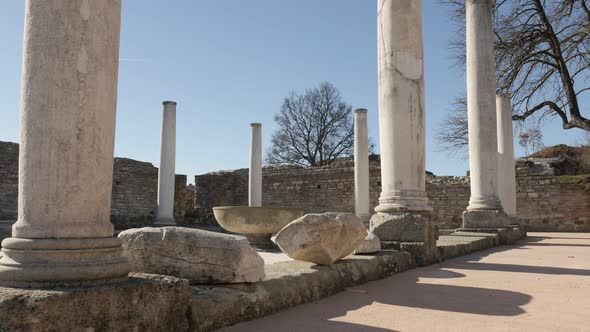 GAMZIGRAD, SERBIA - DECEMBER 25, 2017 Column chamber with fountain in Felix Romuliana palace built b