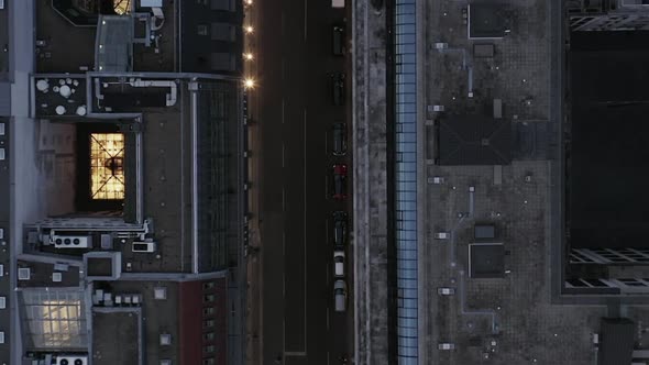 AERIAL: Beautiful Overhead View of Downtown Berlin Mitte, Germany with Car Traffic and City Lights 