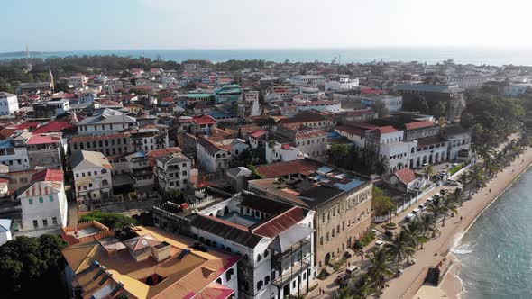Aerial Stone Town Embankment with Palms Slums African Old Buildings Zanzibar
