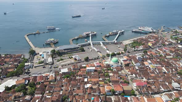 Aerial view of Port in Banyuwangi Indonesia with ferry in Bali Ocean