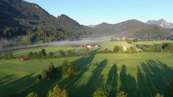 Early morning flight over Jachenau, Bavaria, Germany