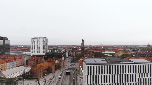 Cityscape with St. John's Church in background, Malmo in Sweden. Aerial sideways