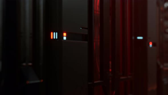 Futuristic Dark Data Center with Metal and Lights