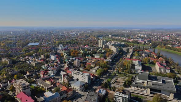 Landscape on Aerial View Urban Quarter of Residential Area Roofs the Uzhhorod Zakarpattya UKRAINE