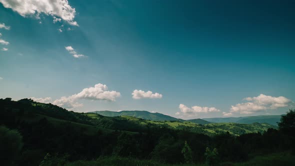 Time Lapse of Clouds Moving Over Tree Tops on Blue Sky Background