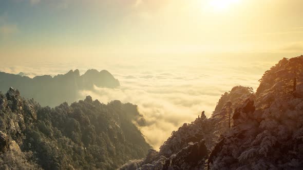 Sunrise time lapse of fog at the Yellow Mountains in China