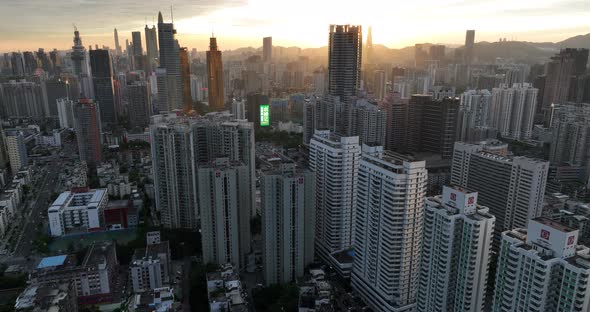 Aerial footage of landscape at sunset in shenzhen city, China