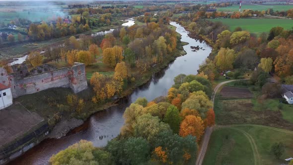 Bauska Medieval Castle Ruins Complex and Park From Above Aerial Shot 4K Video