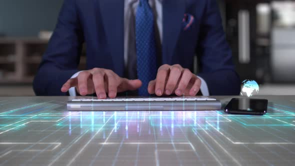 Businessman Writing On Hologram Desk Tech Word  Quantum Computing