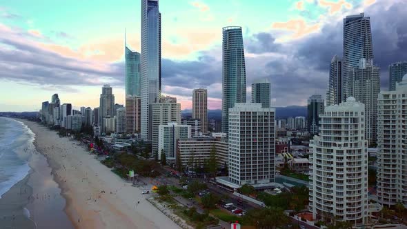 High Rise Cityscape In Surfers Paradise, Gold Coast,  Queensland, Australia - aerial drone shot