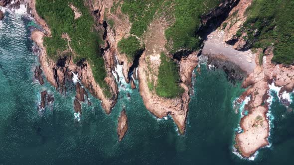 Aerial drone fly over sea coastline. Aerial view of Tai Long Wan, Sai Kung, Hong Kong