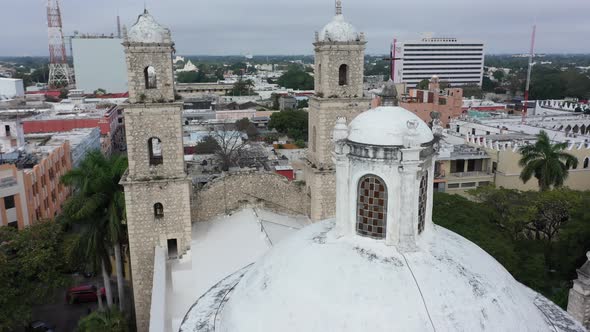 Aerial camera turning slowly behind the Rectory Jesus (third order) in Merida, Yucatan, Mexico.