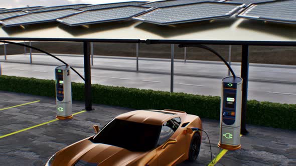 Solar Panels , Electric Car Parking And Connected The Charging Machine