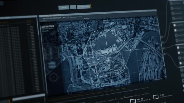 Satellite Camera is Flying Above Modern City. Searching Skyscraper. Scanning Map alt