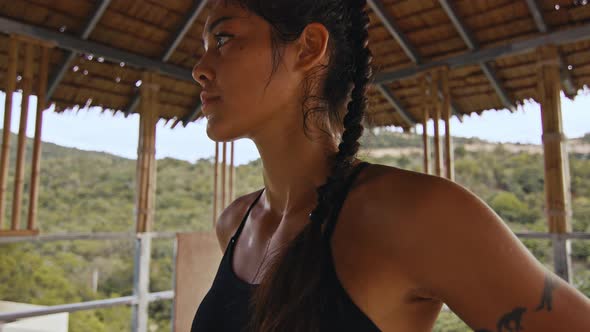 Woman Fighter Trains Her Punches Training Day in the Abandoned Hotel Strength Fit Body