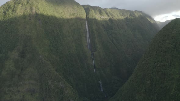 Aerial view of a waterfall (La Cascade Blanche), Saint Benoit, Reunion.