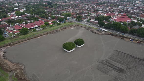 Aerial view of the Yogyakarta Palace (Keraton) field which is being replaced by white sand to mainta