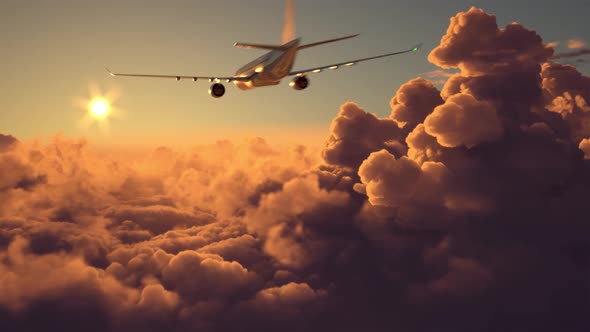 Airplane Flying Above the Clouds on Sunset 4k alt
