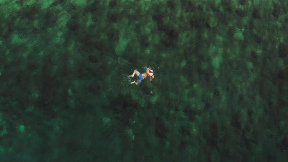 Aerial View of a Woman in a Swimsuit Swimming in the Blue Water of the Sea