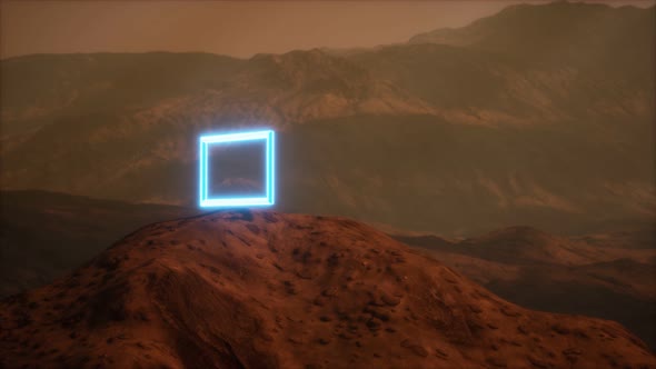 Neon Portal on Mars Planet Surface With Dust Blowing alt