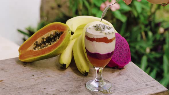 Fruit smoothie colorful papaya banana dragonfruit