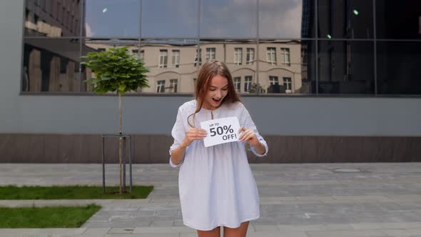 Happy Girl Showing Discount Percent Advertisement Inscriptions, Shouting From Joy, Enjoying Shopping