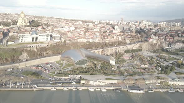 Aerial view Of Concert Music Theatre Exhibition Hall In Summer Rike Park Tbilisi, Georgia