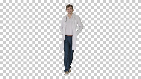 Male doctor in white coat walking with, Alpha Channel