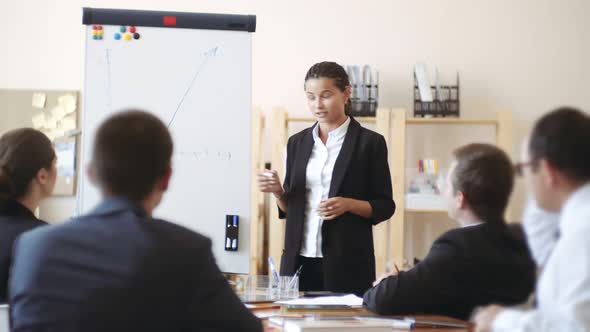 African American Girl Stands Near Whiteboard with a Marker and Shows the Staff at the Table What To