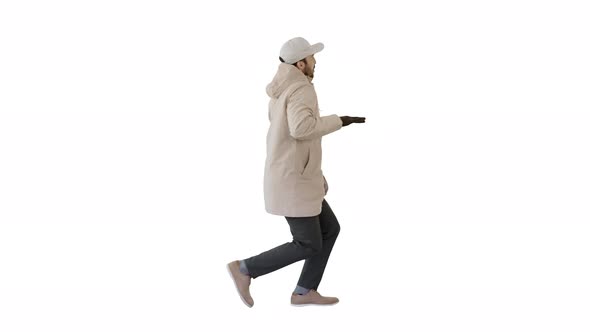 Hip-hop Man Singing Rap, Walking and Making Gestures on White Background