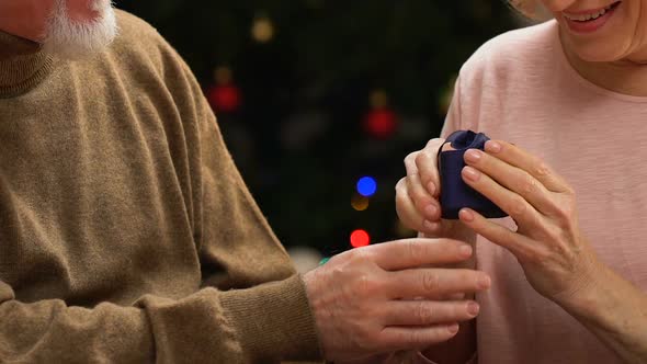 Senior Man Giving Gift Box to Happy Wife at Christmas, Family Values, Closeup