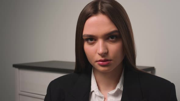 Portrait of Confident Young Attractive Businesswoman Looking at Camera Serious Successful Beautiful