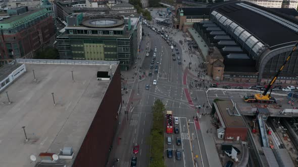 Forwards Fly Above Busy Street Around Hamburg Hauptbahnhof