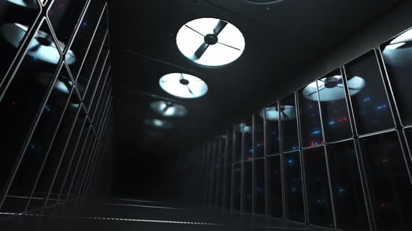 large server room with fans. huge computation and data exchange. loop animation