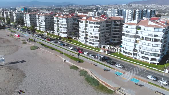 Road, First line buildings (La Serena, Chile) aerial view, drone footage