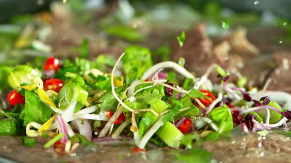 Super Slow Motion Detail Shot of Ingredients Falling Into Beef Pho Soup 