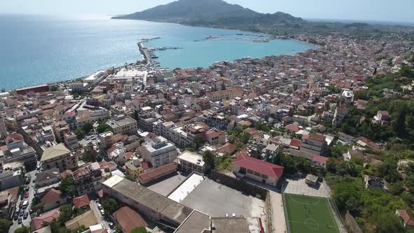 Flying over Zakynthos town in Greece