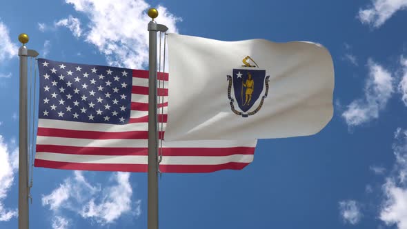 Usa Flag Vs Massachusetts State Flag  On Flagpole