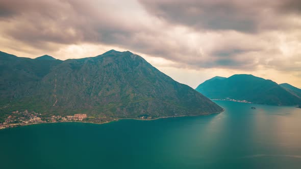 Adriatic Sea, Boka Kotor Bay, the Movement of Clouds Over the Mountains in Montenegro Timelapse Shot
