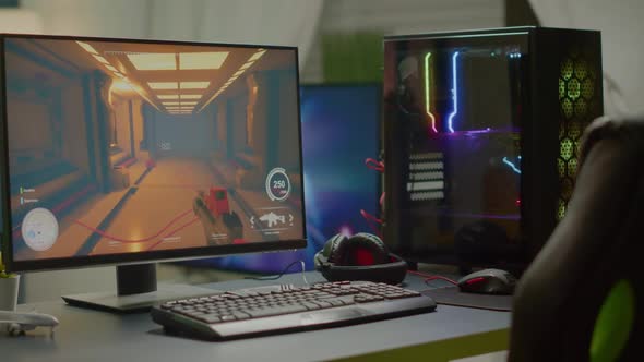 RGB Powerful Computer with Firstperson Shooter Game on Screen