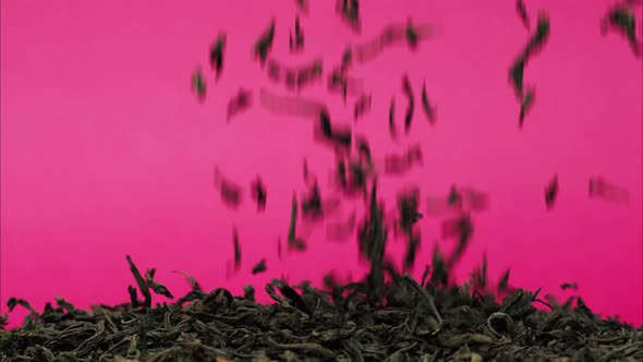 Closeup of Falling Down Dried Tea Leaves on Table on Pink Background