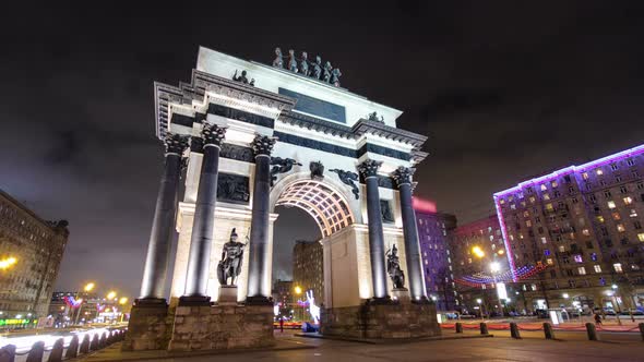 Triumphal Arch in Moscow with Christmas Illuminations at Night Timelapse Hyperlapse